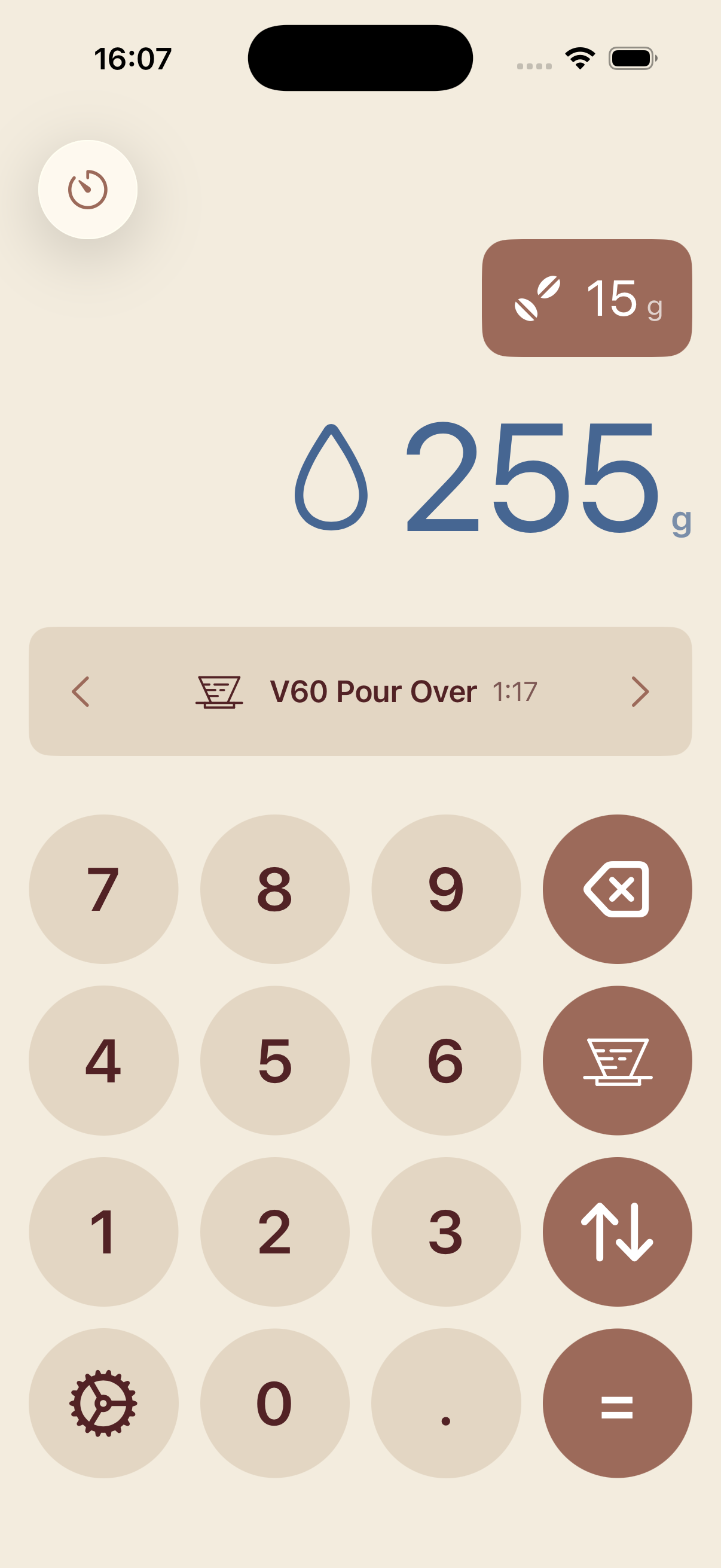 Coffee Calculator showing V60 calculation with 18g coffee to 300ml water